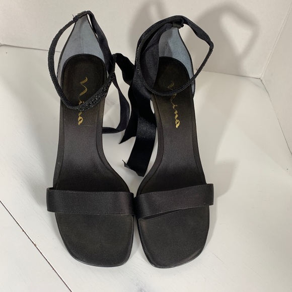 Nina Black Satin Open Toe Ankle Tie SZ 8 - Picture 6 of 8